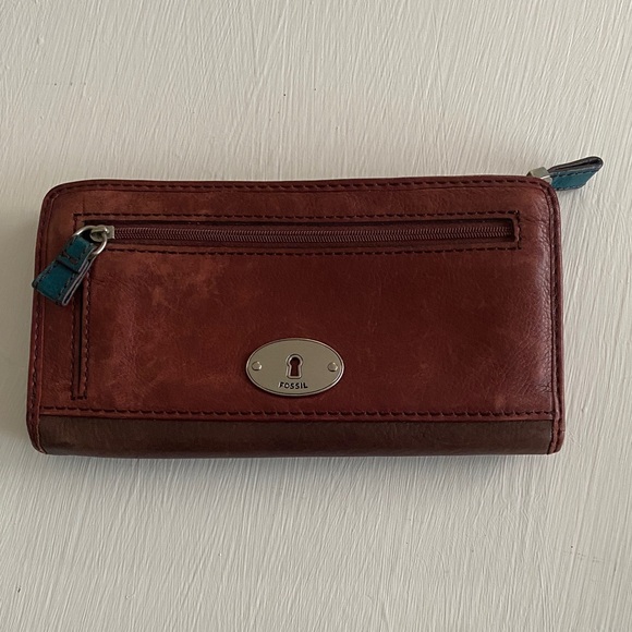 Fossil Brown Leather Wallet Teal Giraffe Detail Bohemian w Fossil Dust Bag - Picture 14 of 15